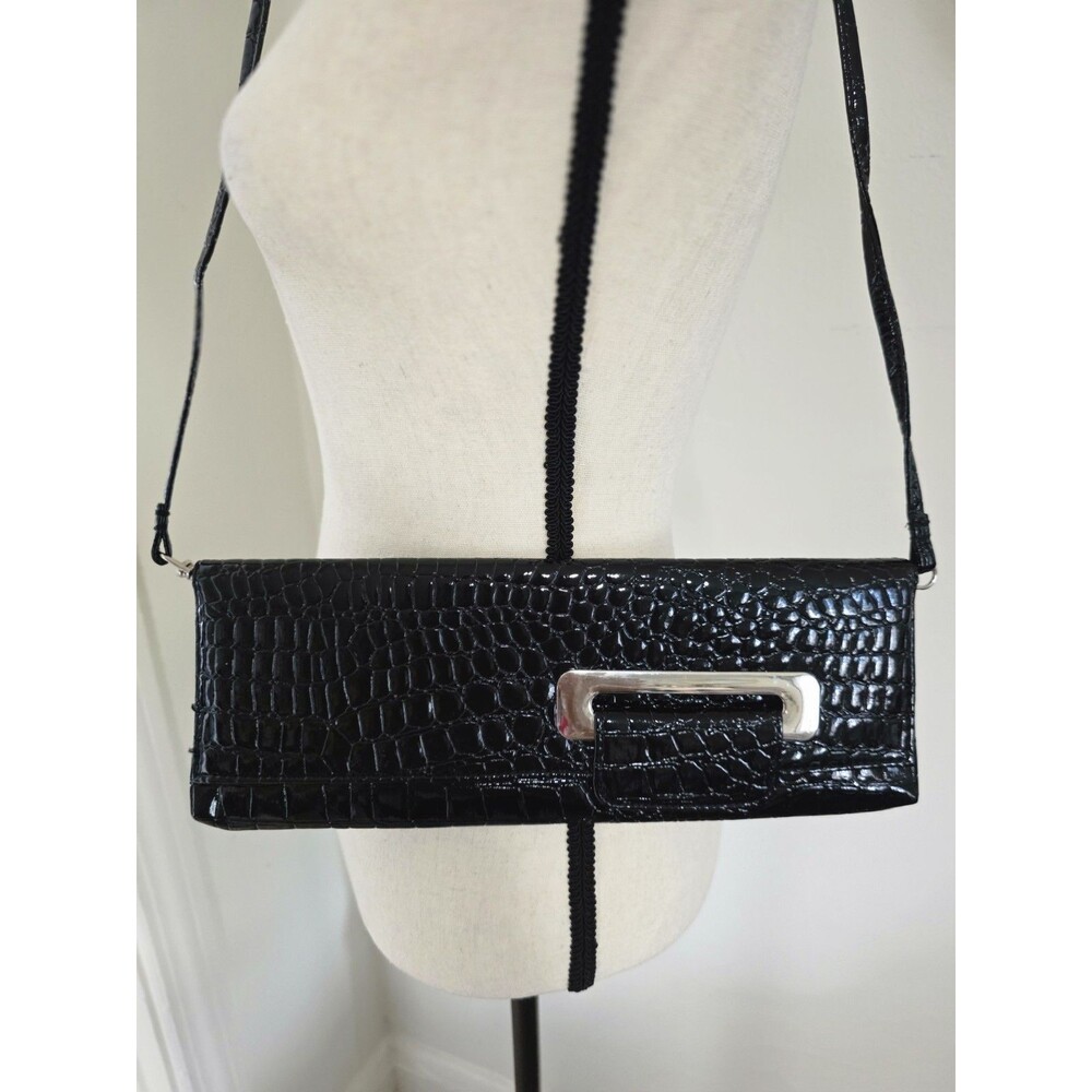 Cool ALDO Black Croc Embossed Long SHOULDER Handbag Patent Evening Clutch EUC